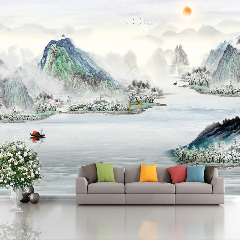 Chinese Art Mural Custom Wallpaper Mountains and River - Living Room Decor