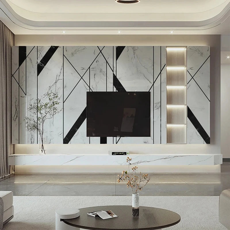 Modern Black White Geometric Lines Marble Art Mural - Living Space Wall Decor Luxury