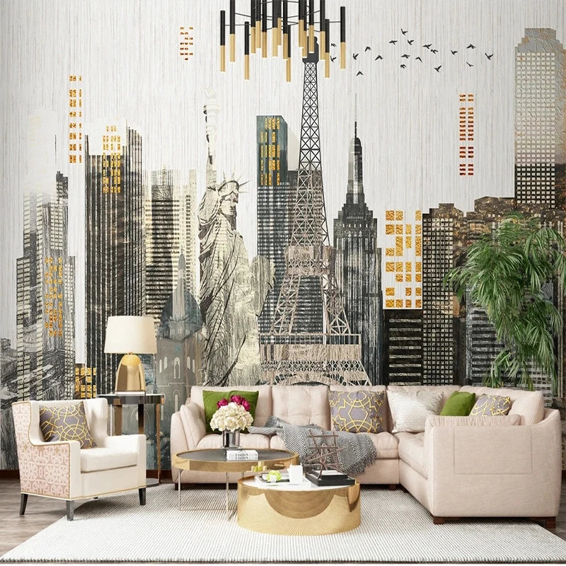 Custom Mural Wallpaper 3D Hand Drawn City Buildings Landscape - World Cities