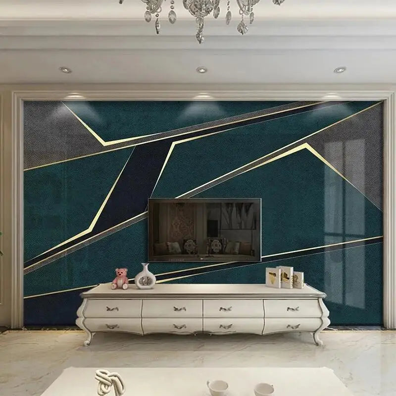 Abstract Geometric Contemporary Leather Effect Wallpaper - Dark Blue Green & Gold