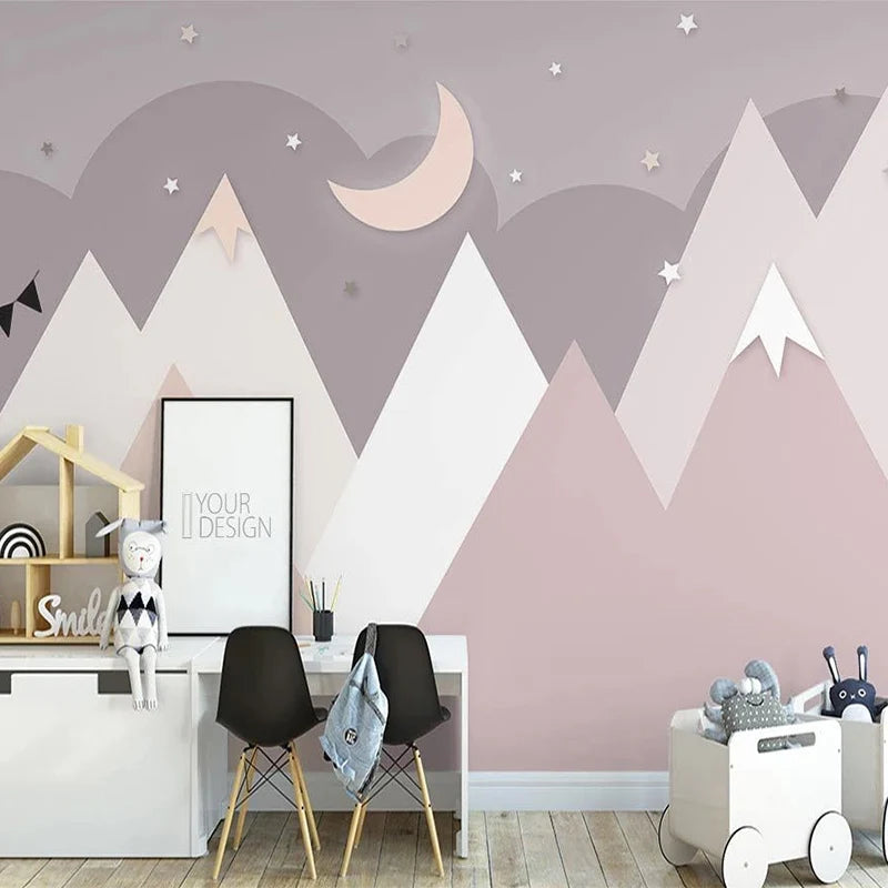 Nordic peach mountains under the sky - Nursery Wall Decor Mural Wallpaper - Childrens Room