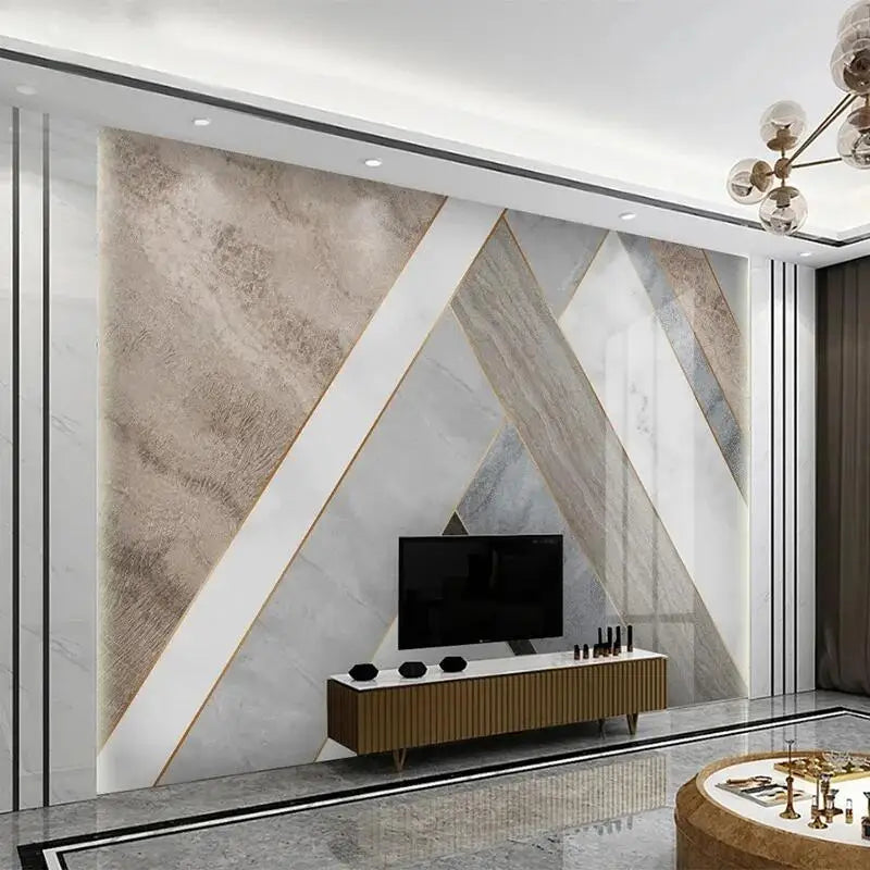 Geometric Contemporary Mural Wallpaper - brown White light blue - Living Room