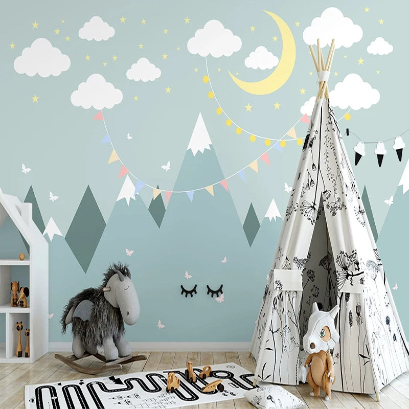 Mural Wallpaper for Nursery & Children's Room - Mountains, Clouds and Moon and Stars