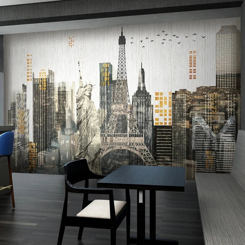 Custom Mural Wallpaper 3D Hand Drawn City Buildings Landscape - World Cities - Restaurant