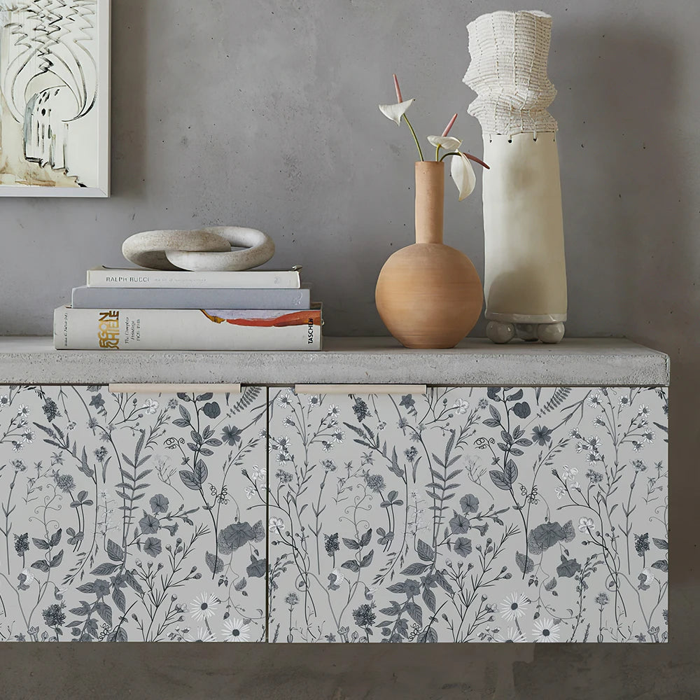 Blue Gray Blooms Wallpaper Roll PVC - Furniture Sticker