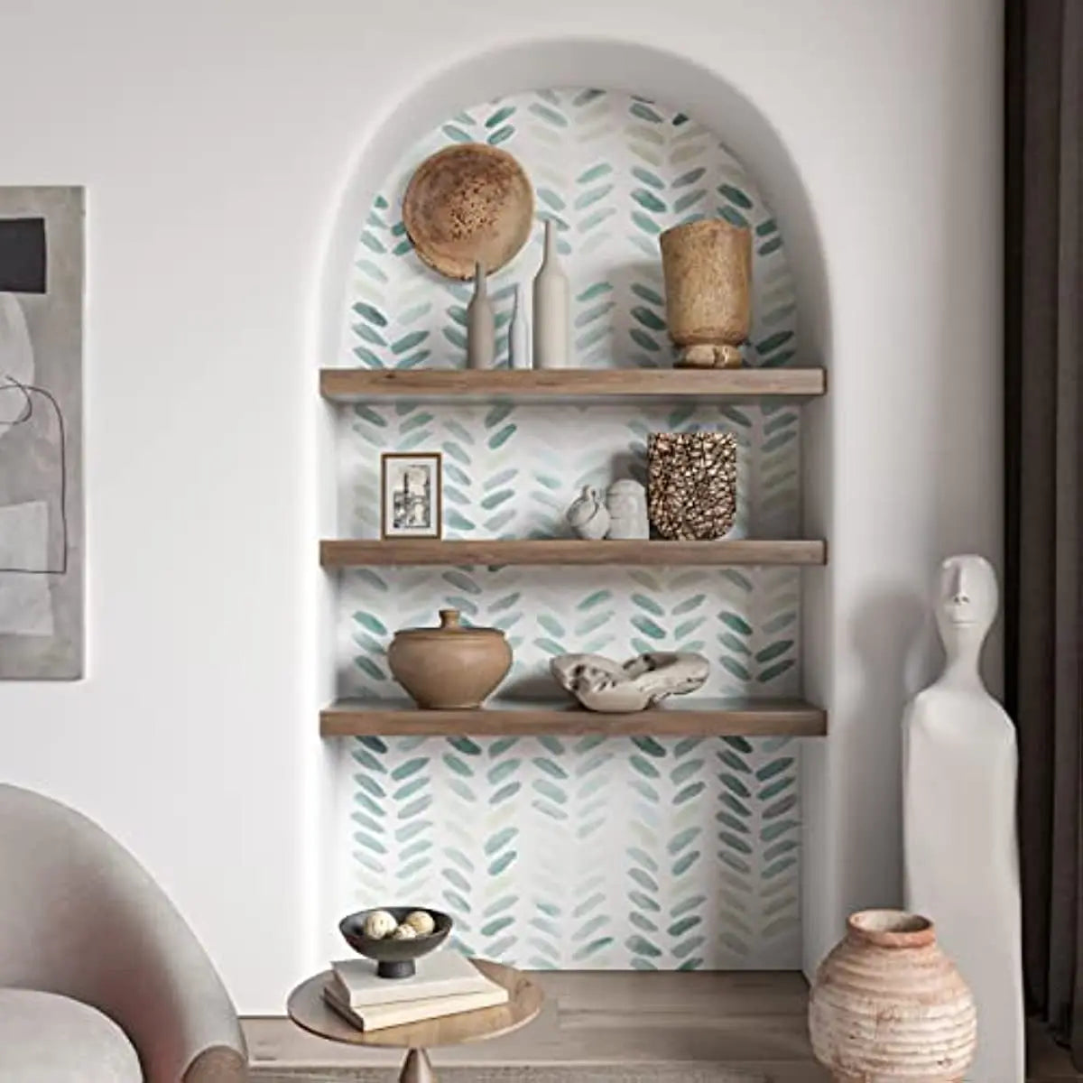Green and White Peel and Stick Wallpaper - Wall Shelves