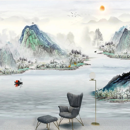 Chinese Art Mural Custom Wallpaper Mountains and River