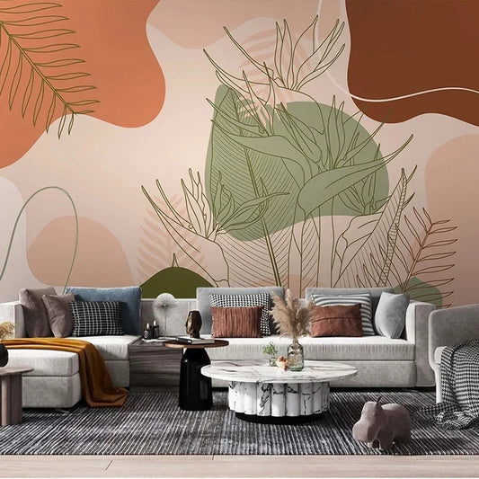 Modern Pastel Mural Wallpaper Nordic Design - Leaves, Brown, Orange, Peach