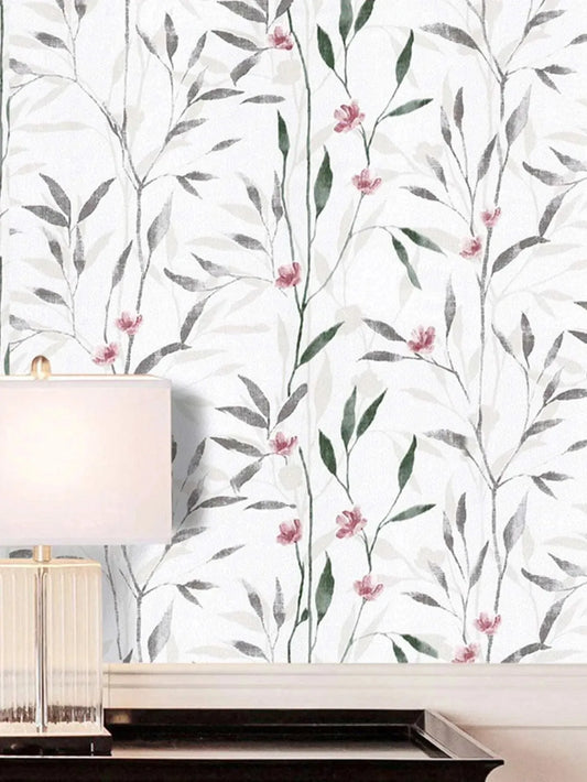 Peel and Stick Pink Floral & Green Leaf Wallpaper - Pattern 