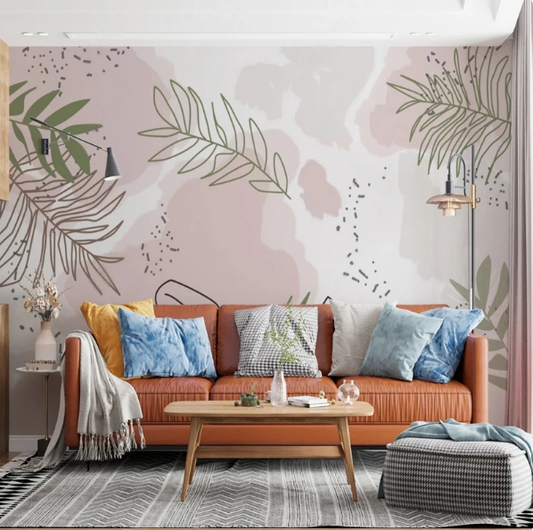 Natasha — a pastoral tropical leaves on pink pastel mural wallpaper