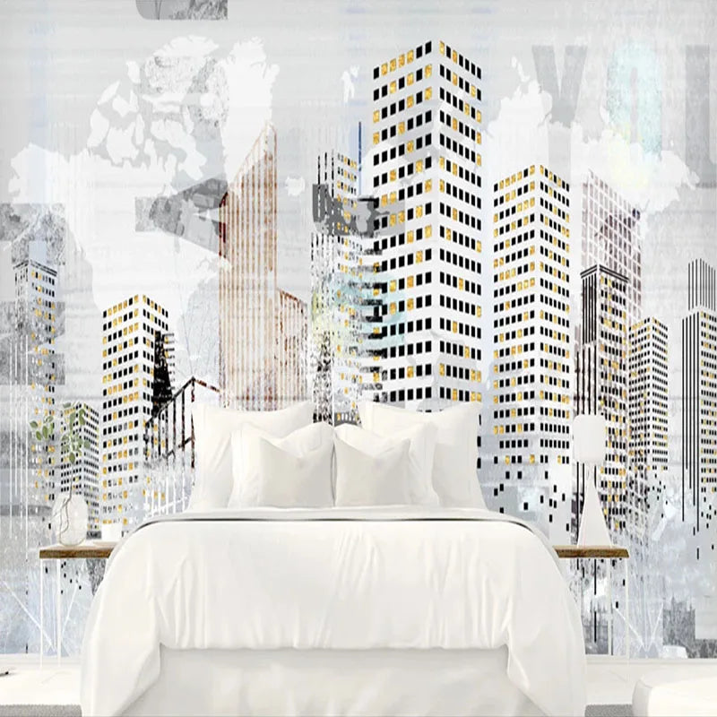 City Building Sketch Colors Mural Wallpaper - White Bedroom