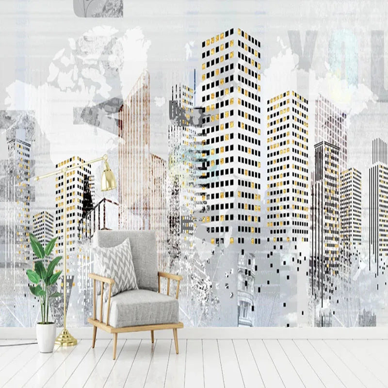 City Building Sketch Colors Mural Wallpaper - Living Room